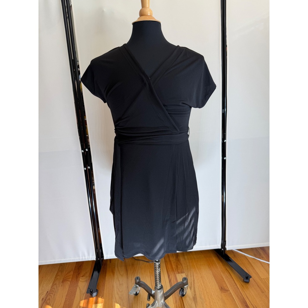 Nine West Womens Black Faux Wrap Dress Short Sleeve V Neck Jersey Size M